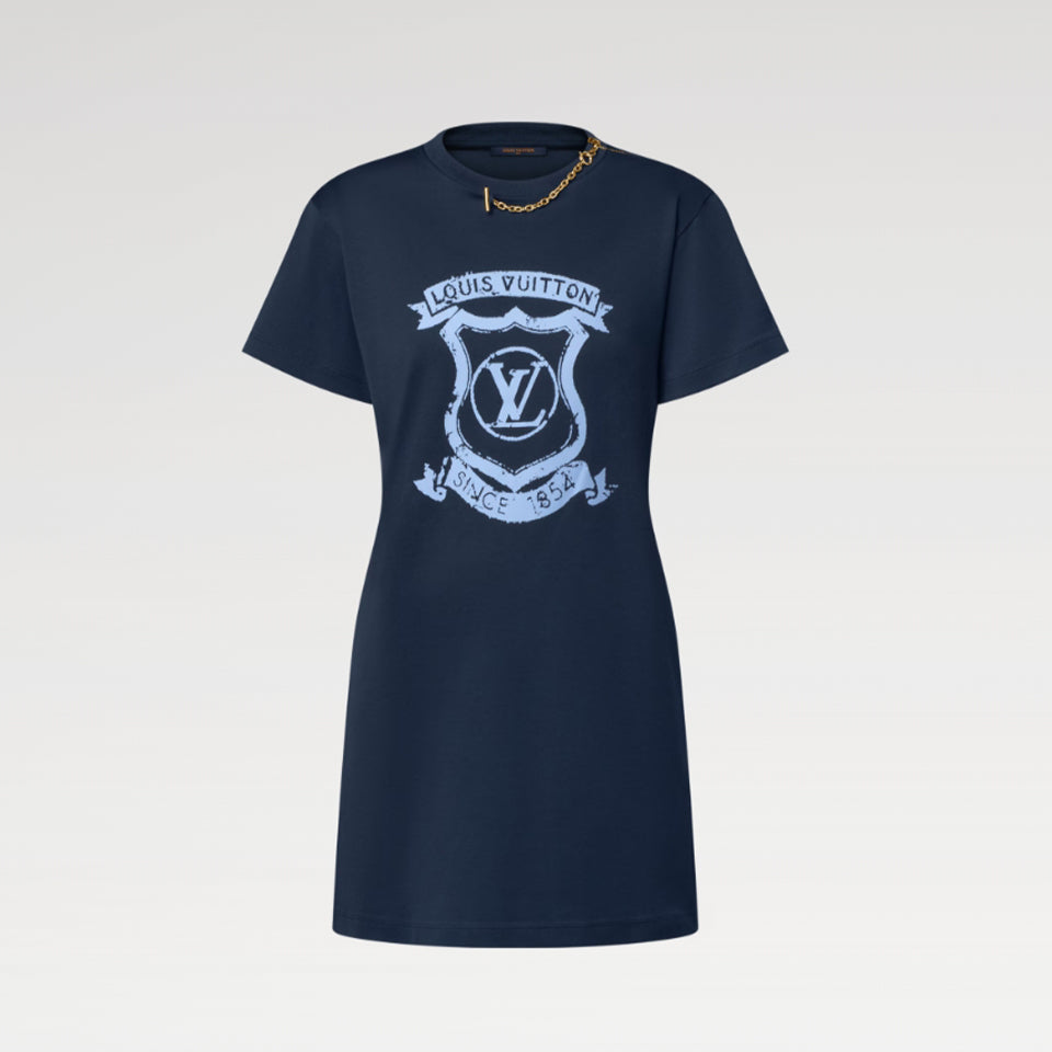 Louis Vuitton Women's LV Coat of Arms Printed Chain Summer Cotton Stretch Knit Round Neck Short Sleeve T Shirt Dresses #77851