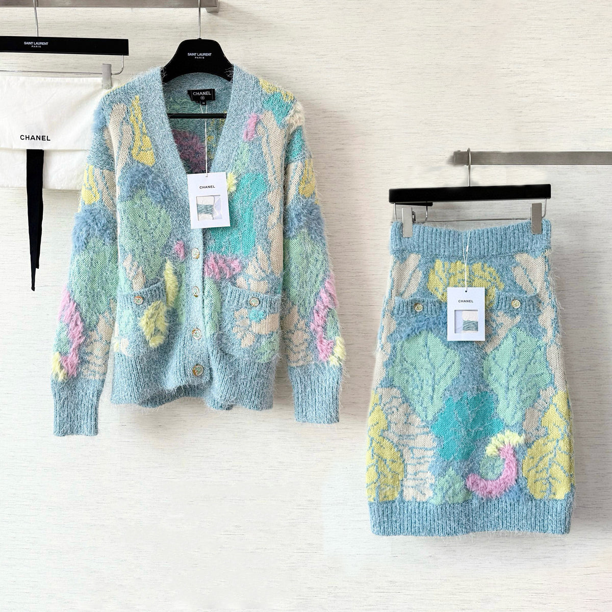 Chanel Women's Spring/Fall Fashion Classic Single Breasted High End Handmade Pure Wool Macaron Color Block Feather Floral Long Sleeved Cardigan Mid Length Casual Long Skirt Suit Set #78392