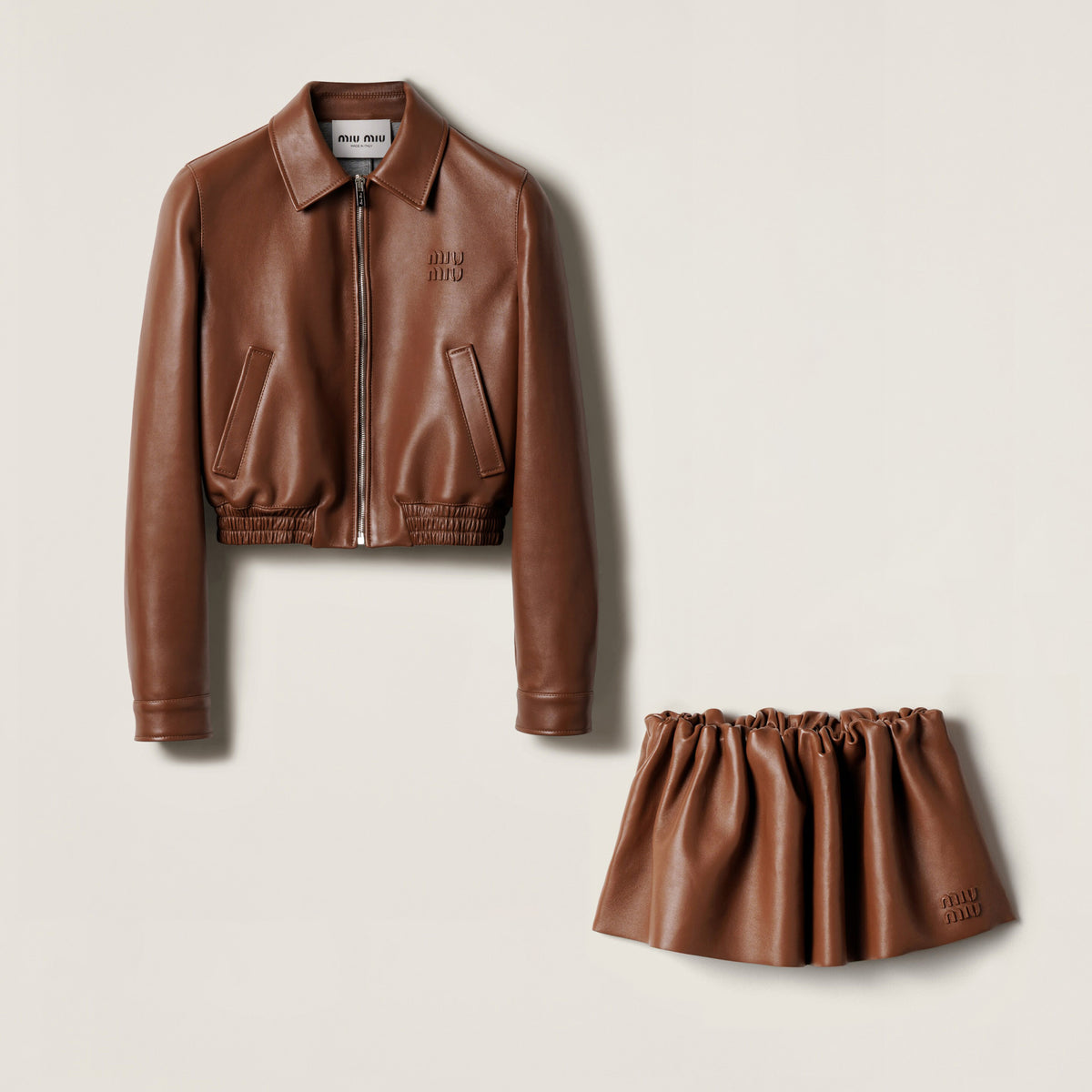 MiuMiu Women's Plong¨¦ Napa Leather Jacket Spring/Fall Solid Color Lapel Straight Sleeve Zipper Leather Jacket Skirt Suit  #77986