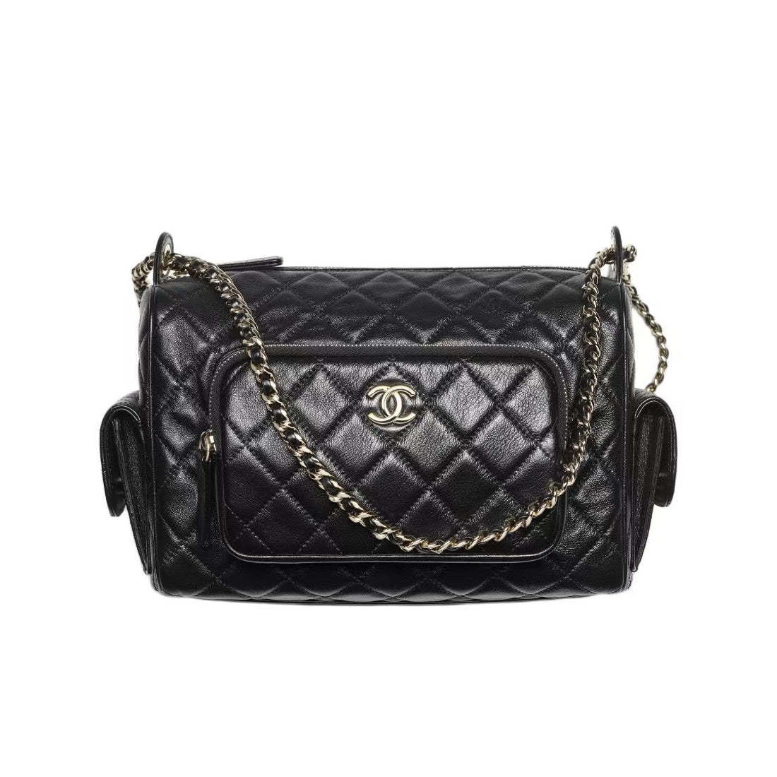 Chanel Women's Black Lattice Quilted Metal Chain Glossy Grained Lambskin Camera Bag Tote Shoulder Crossbody Bags #73811