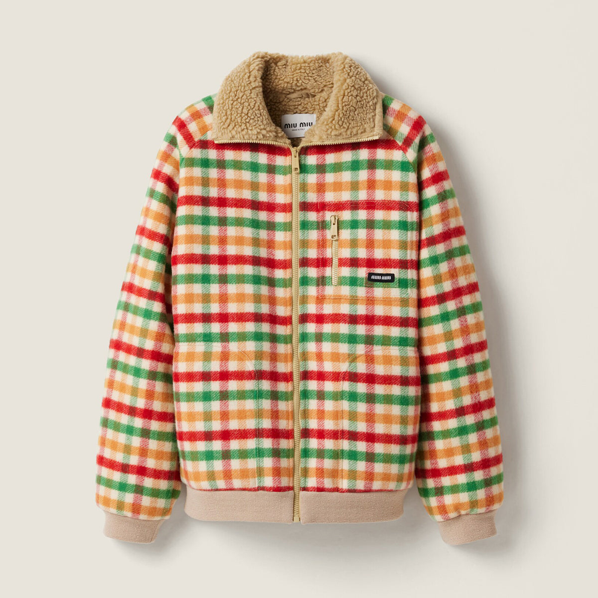MiuMiu Women's Autumn And Winter Fleece Lined Plaid Color Blocked Zipper Lapel Long Sleeved Jacket  #81742