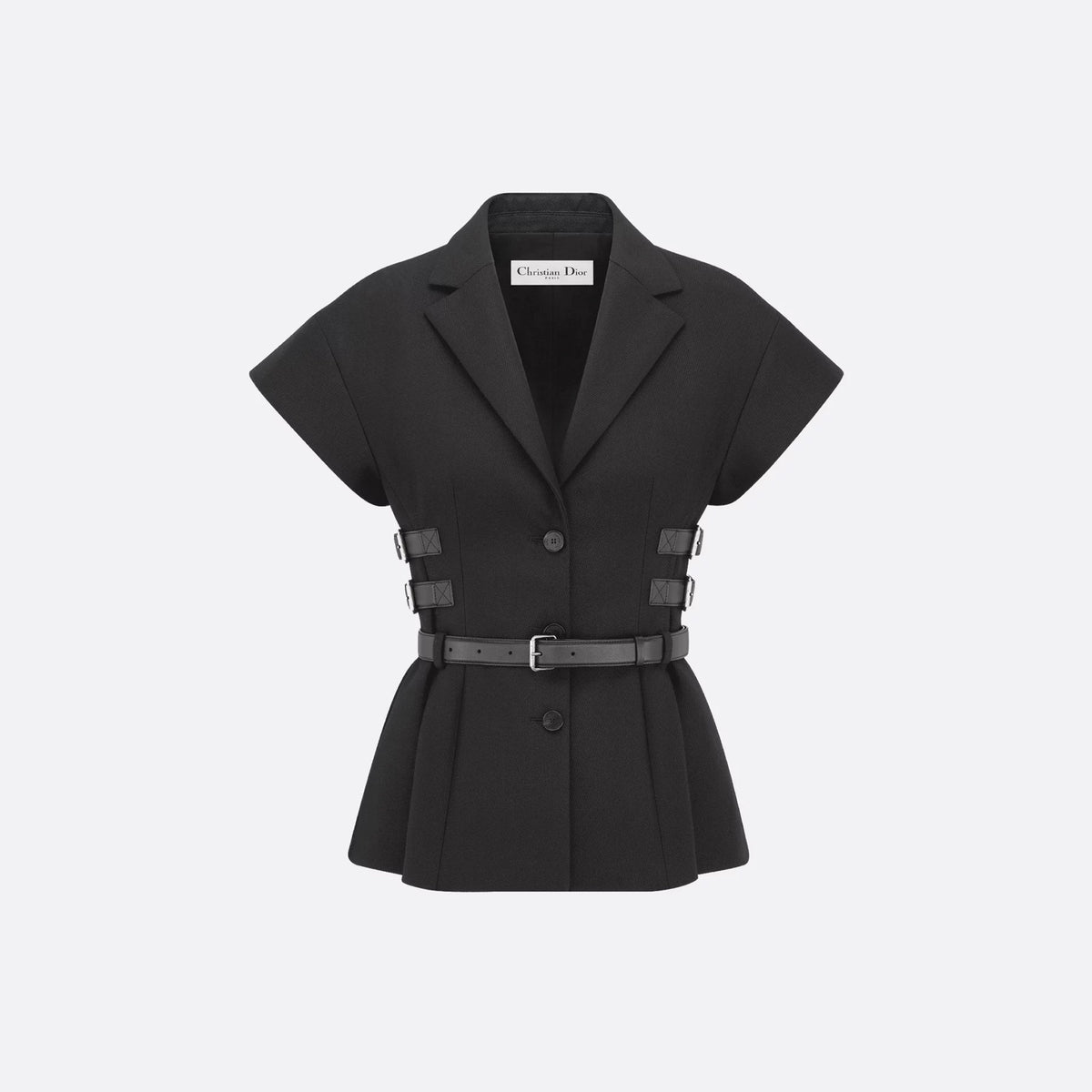 Dior Women's Spring And Summer Black Short-Sleeved Wool Jacket Lapel Waist Removable Leather Buckle Fashion Temperament Jacket Ngvp #1479