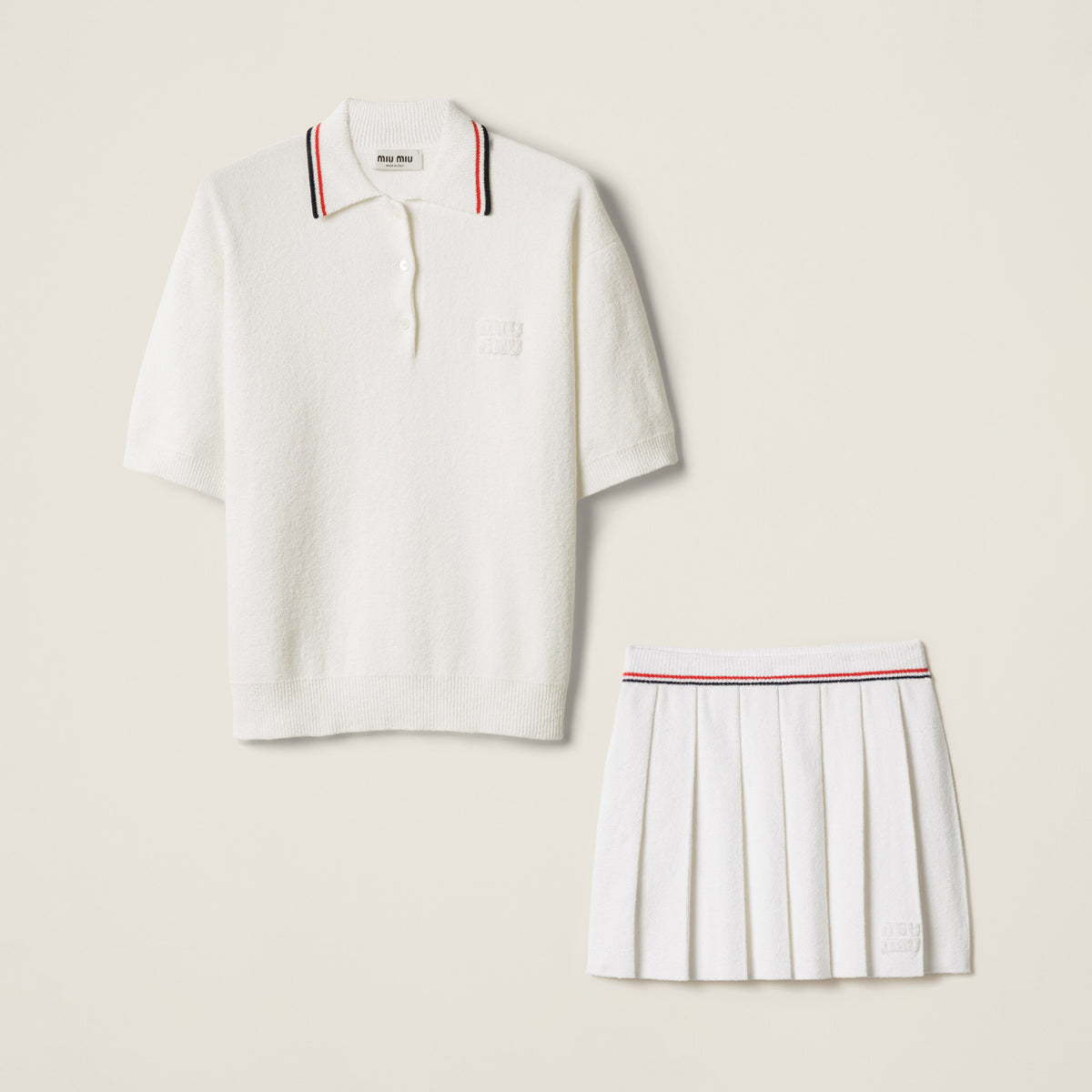 MiuMiu Women's Summer Solid Color Cotton Polo Neck Short Sleeve T-Shirt and Casual Pleated Skirt Set Suit #77849