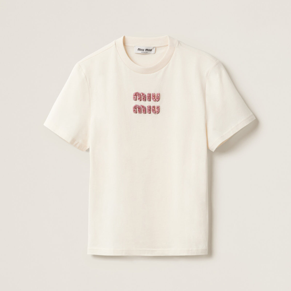 MiuMiu Women's Summer Solid Color Embroidery Beaded Letter Print Round Neck Short Sleeve T-Shirt #76798