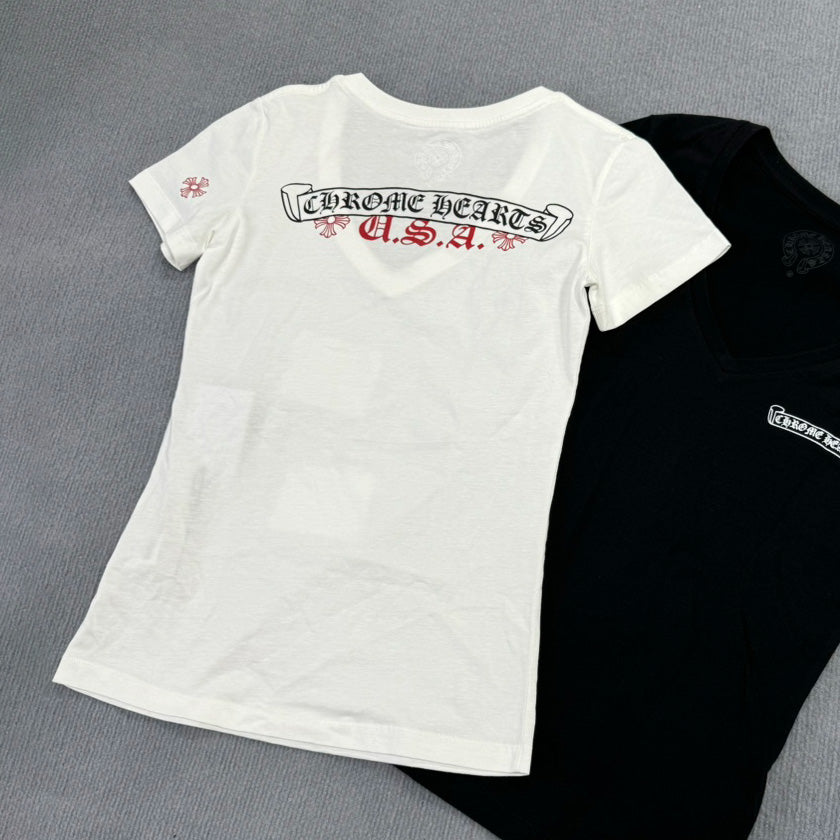 Chrome Hearts Women's Summer Fashion Casual Solid Color V-neck Cotton Logo Print Short Sleeve T-Shirt Top #78261