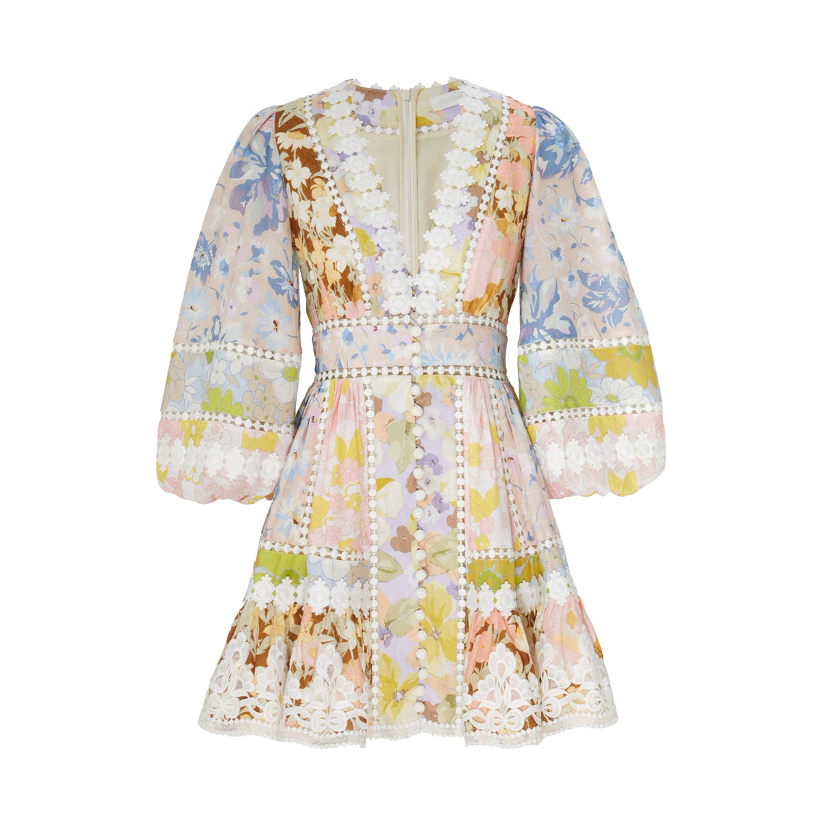 Zimmermann Women's Summer Floral Pattern Printed Lace Trim Linen Fabric V-neck Single Breasted Buttoned Lantern Sleeve Short Dress #77663
