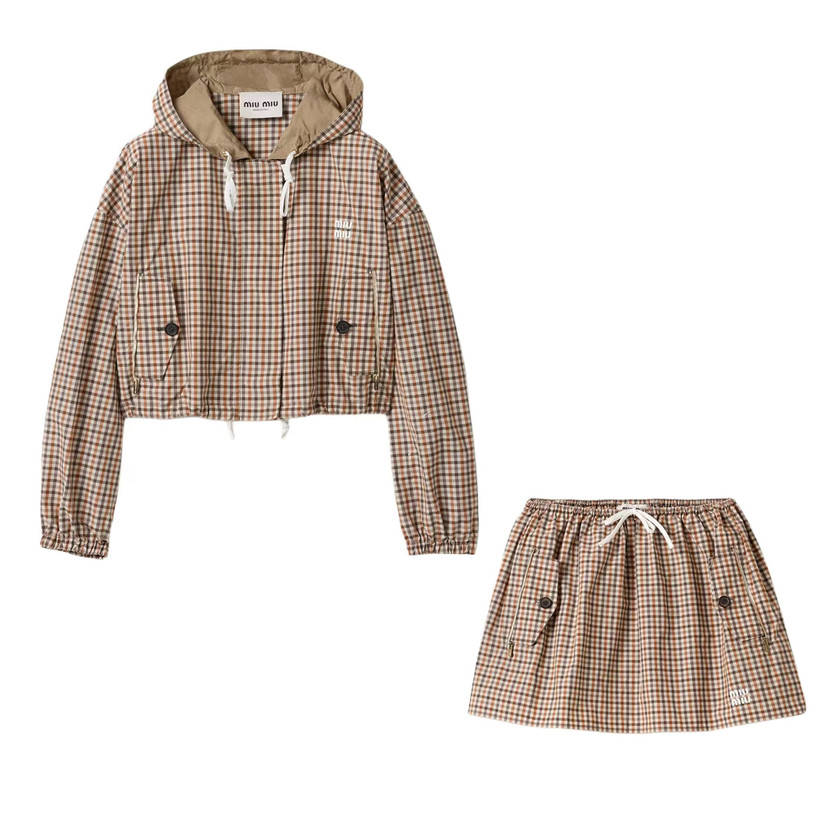 MiuMiu Women's Spring/Summer Fashion Casual Hooded Zipper Waist Elastic Checkered Jacket Waist Elastic Drawstring Checkered Casual Short Skirt Suit Set #79158