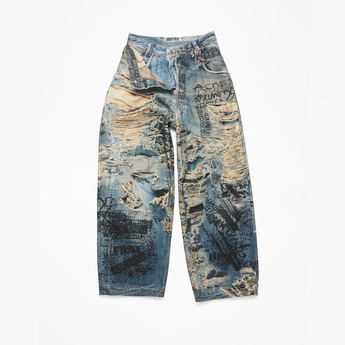 Acne Studios Men's Spring And Summer Ripped Graffiti Mise-en-sc¨¨ne Effect Print Denim Pants Super Loose Fit Jeans Fashion High Street Casual Blue Straight Trousers Ngvp #1186