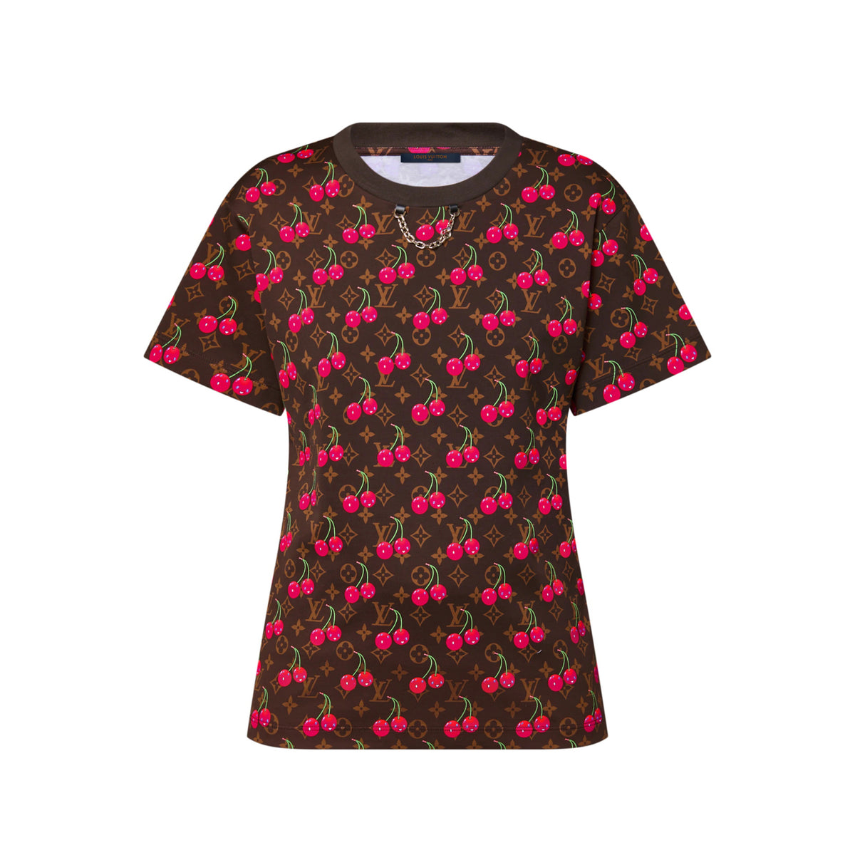 Louis Vuitton Women's Summer Letter Print Cherry Pattern Round Neck Cotton Short Sleeve T-Shirt #77597