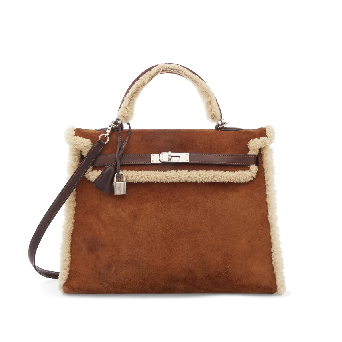 Hermes Shearling & ¨¦b¨¨ne Bar¨¦nia Retourne Kelly 35 Women's Brown Suede Cashmere Patchwork Shoulder Crossbody Handbag Bag Bags #98174