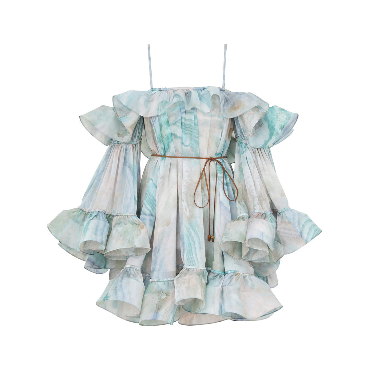 Zimmermann Women's Summer Blue Ruffle Design Adjustable Straps Silk Long Sleeve Dress #75613