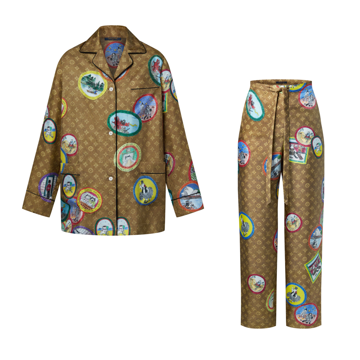 Louis Vuitton Men's And Women's Spring/Fall Fashion Casual V-Neck Collar Single-Button Print Shirt with Elastic Waistband Loose-Fit Relaxed Pants Sleepwear Suit Set #78868