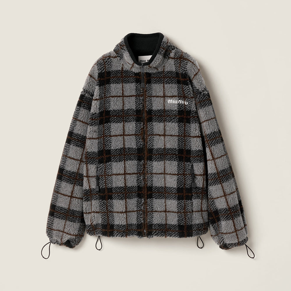 MiuMiu Gray black Checked Teddy Zipper Jacket #335443