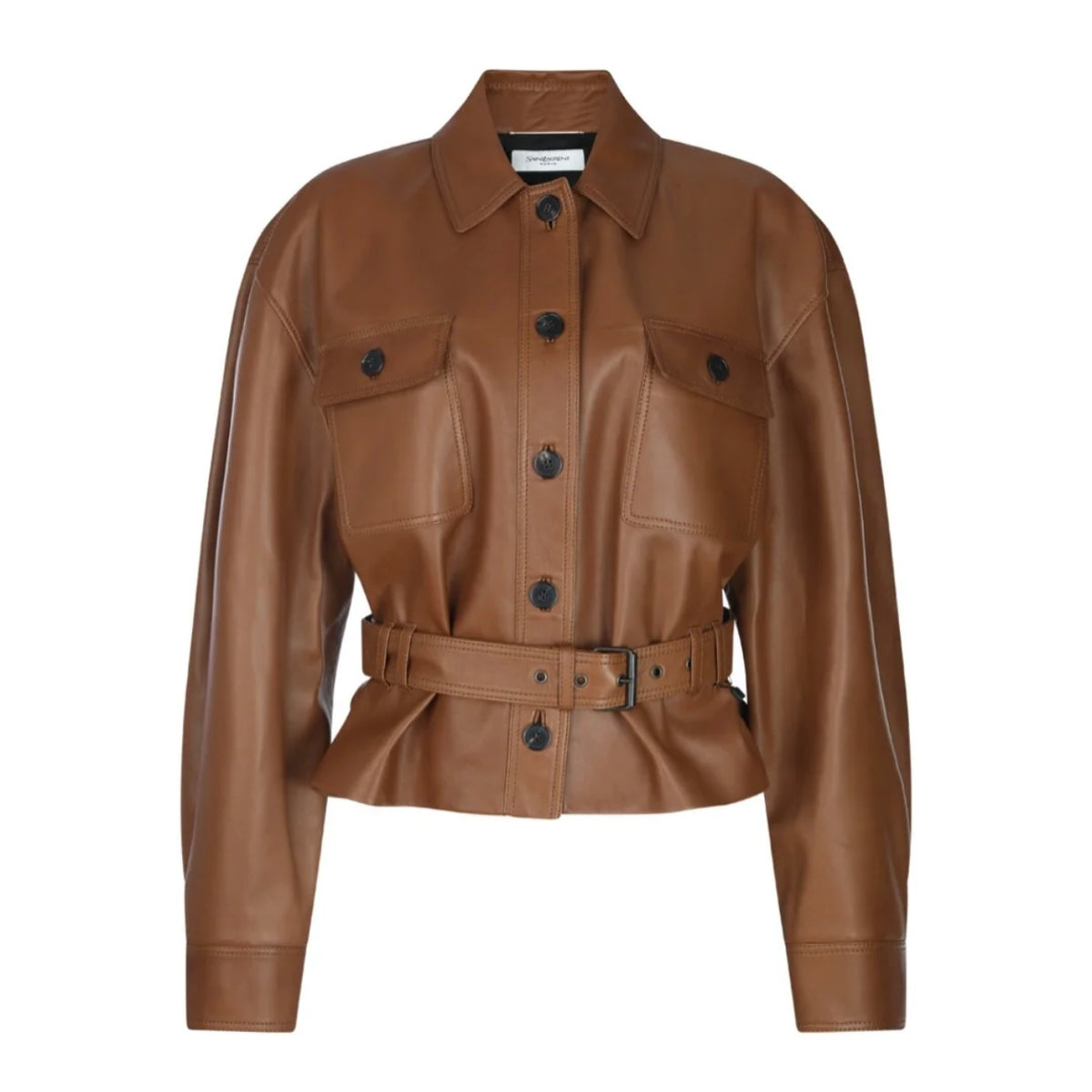 SAINT LAURENT Women's Fashion Luxury Temperament Leather Jacket Lace-up Short Jacket Lapel Long Sleeve Belt Slim Solid Colour Leather Jacket Ngvp #1277