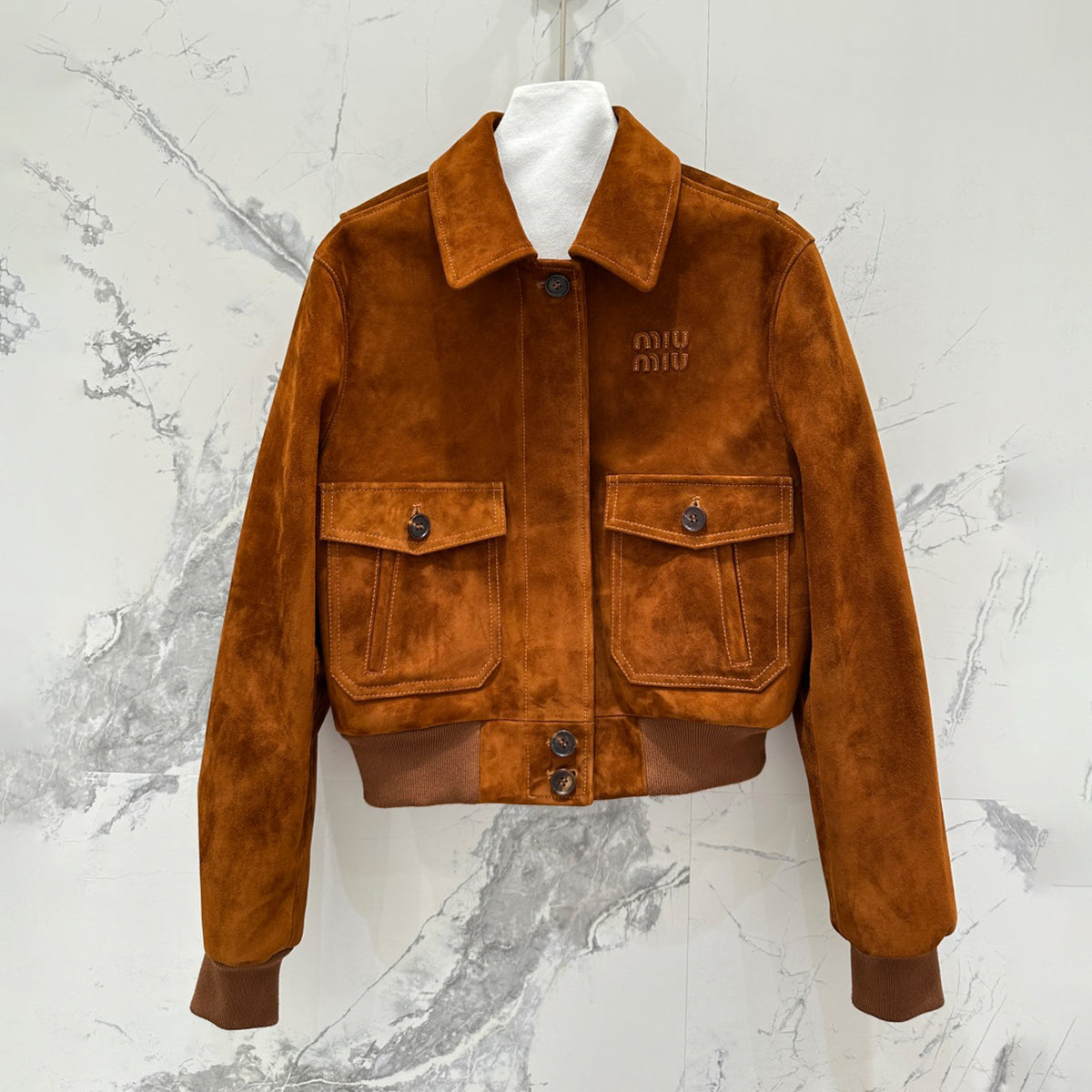 MiuMiu Women's Autumn And Winter Luxury Suede Leather Short Jacket Fashion Trend Solid Color Short Pilot Jacket #81613