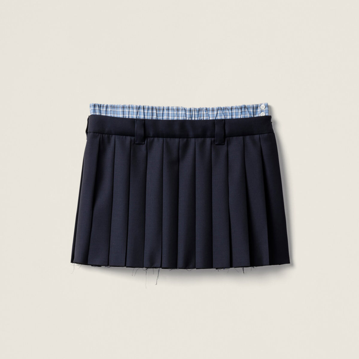 MiuMiu Women's Summer Classic Deep Blue Pleated Skirt - Academy Style Short Dress with Checkerboard Waistband & Delicate Ruffles #75715
