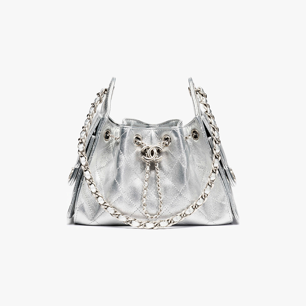 Chanel 25 Women's Mini Handbag Metallic Grained Embossed Calfskin And Silver Metal Silver #332929