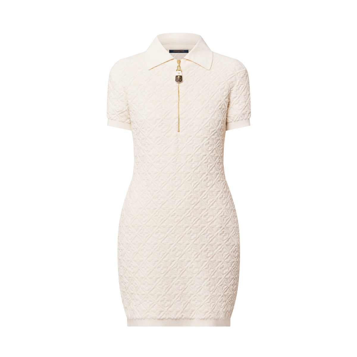 Louis Vuitton Women's Spring/Summer Embossed Letter Print Solid Color Wool Knit Half-Zip Slim-Fit Short-Sleeve Dress #77361