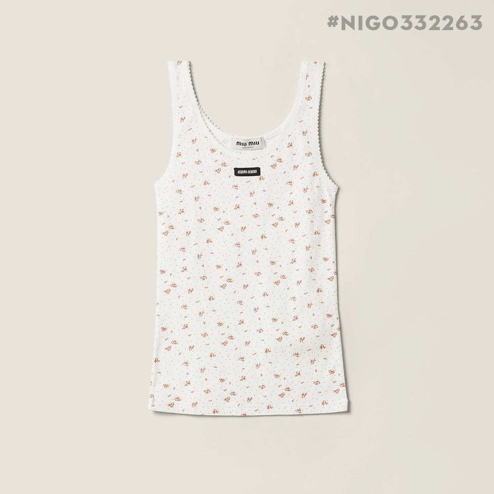 MIUMIU Women's Ribbed Knit Crew Neck Logo Patch Straight Tank Top #332263