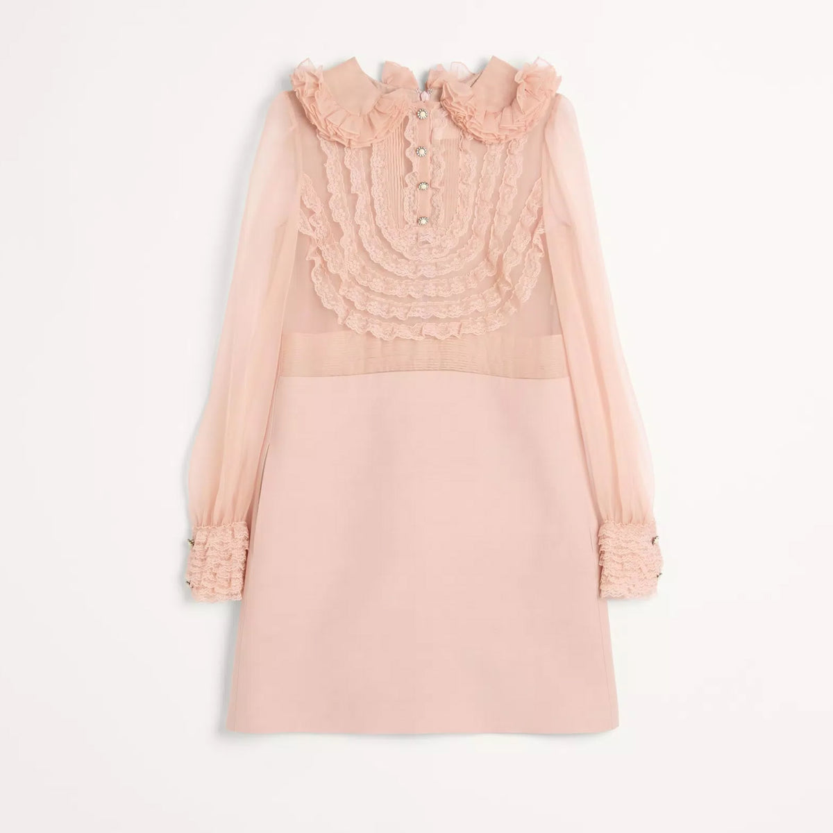 Valentino Women's Spring And Summer Embroidered Crepe Couture Round Neck Solid Color Lace A-Line Short Long-Sleeved Silk Dresses Ngvp #9815
