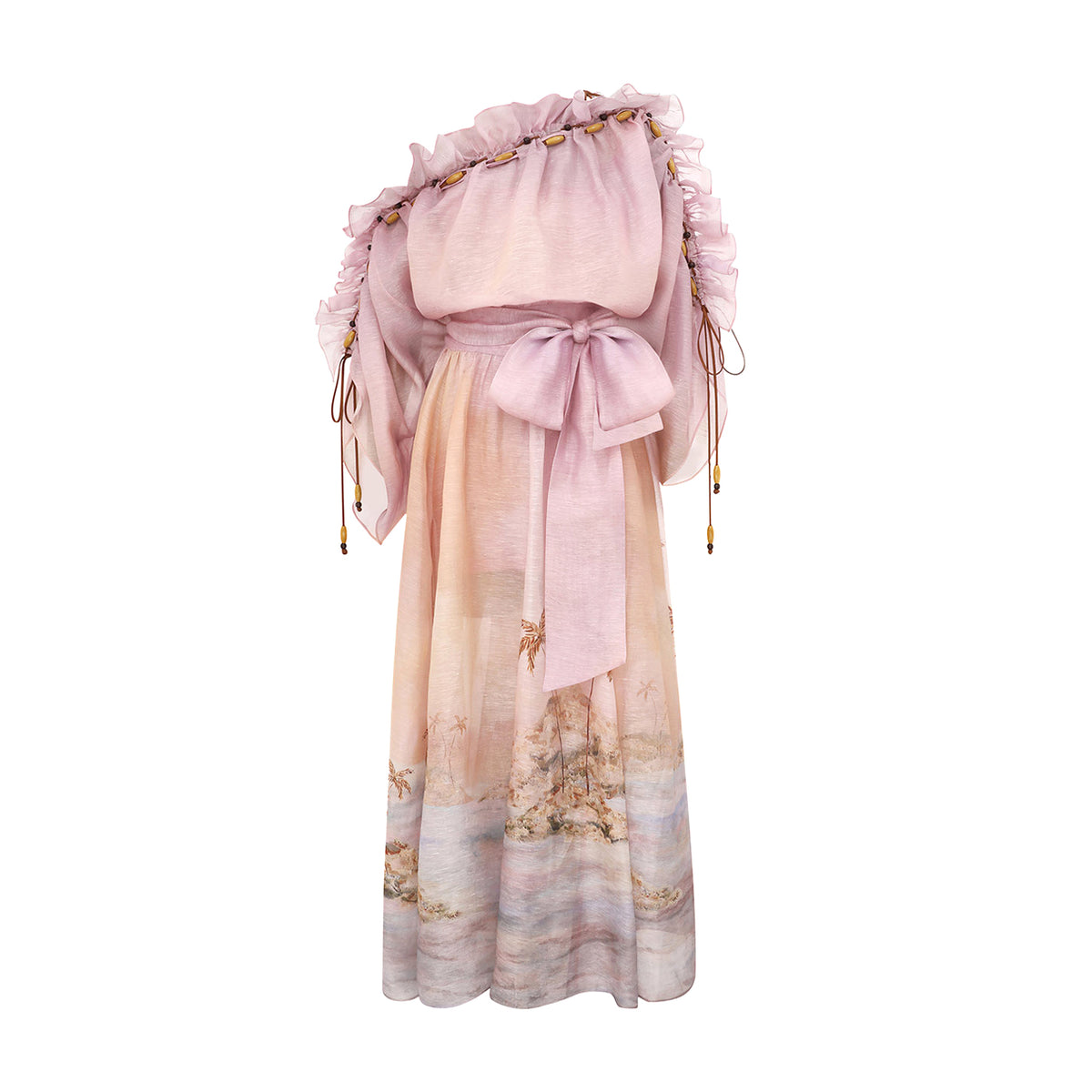 Zimmermann Women's Summer Solid Color Seascape Pattern Printed Silk Linen Ruffle Long Dress #77343