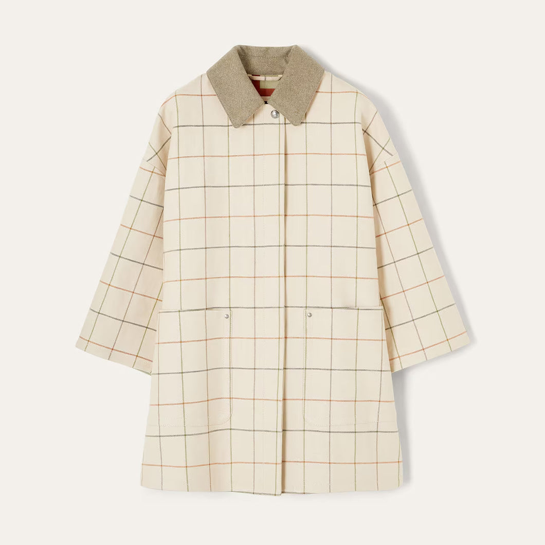 Loro Piana Women's Spencer Trench Coat Spring/Fall Checkered Collar Solid-Color Linen A-Line Jacket Ngvp #2362