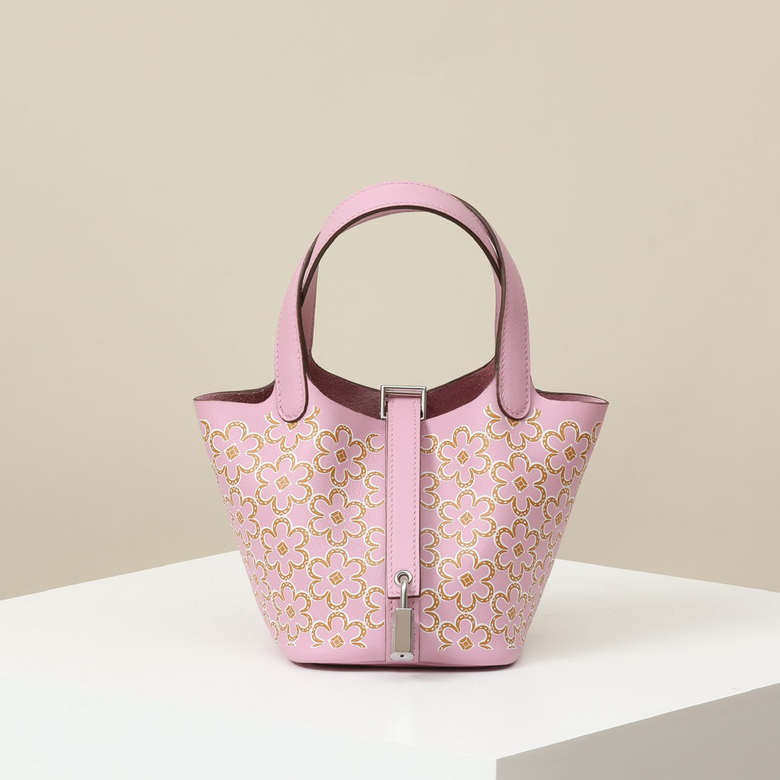 Hermes Picotin Women Silver Buckle Solid Color Flower Pattern Printed Calfskin Bucket Bag Tote Handbag Bags #74558