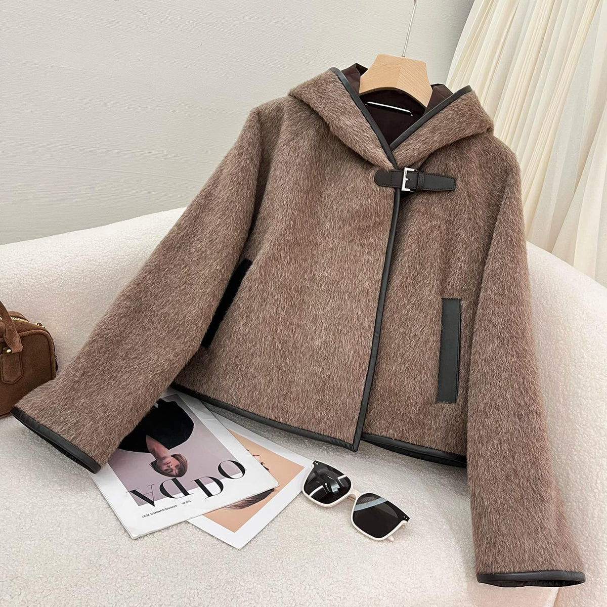 Hermes Women's Autumn And Winter Fashionable A Silhouette Leather Buckle Hooded Jacket Short Fashion Casual Temperament Coat Ngvp #9786