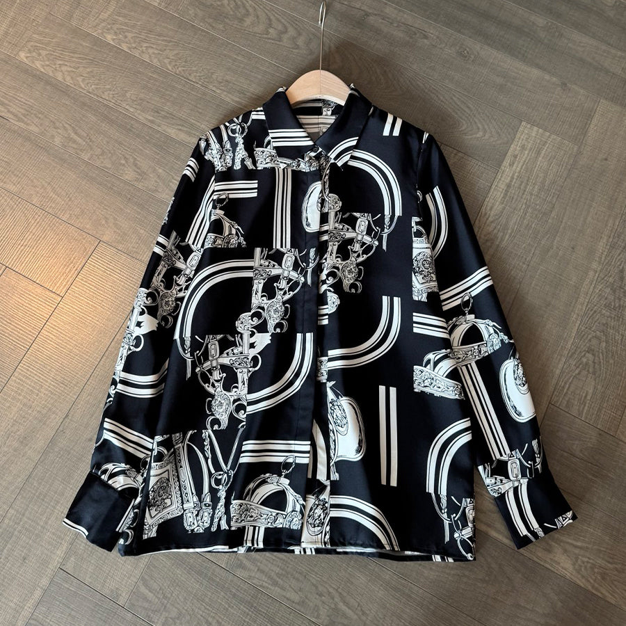 Hermes Women's Pattern Printed Lapel Long Sleeve Solid Color Spring And Autumn Loose Blouse Silk Shirt Ngvp #2116