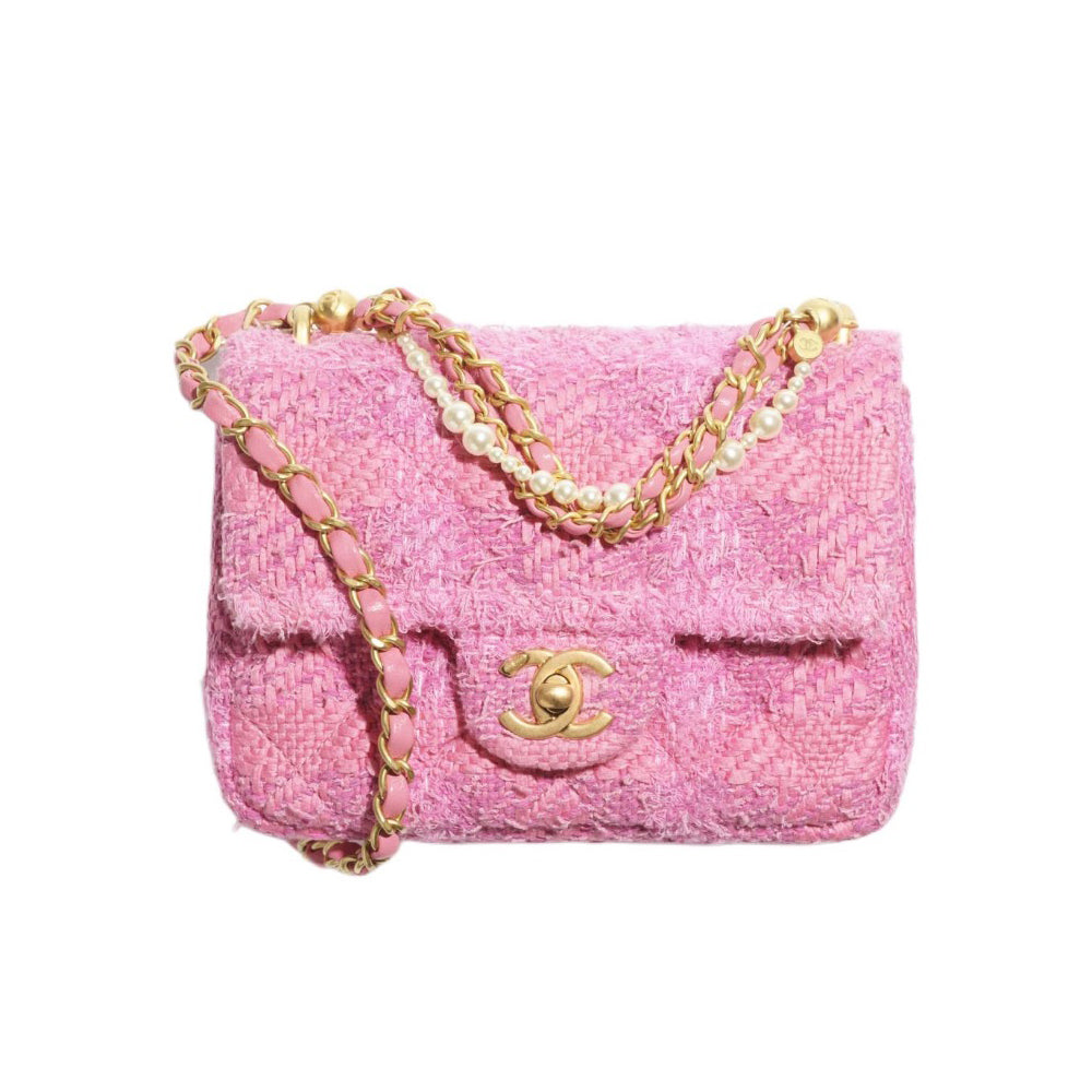 Chanel Women's Classic Gold Buckle Chain Cotton Tweed with Artificial Pearls Flap Shoulder Crossbody Bag Bags #99654