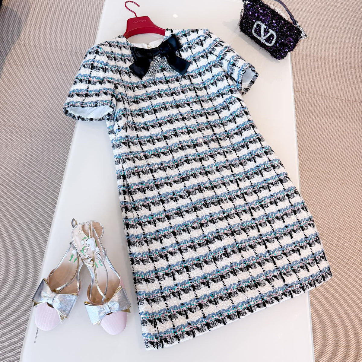 Valentino Women's Summer Bow Zipper Sequins Plaid Tweed Short Sleeve Cotton Blend Round Neck Dresses Ngvp #2112