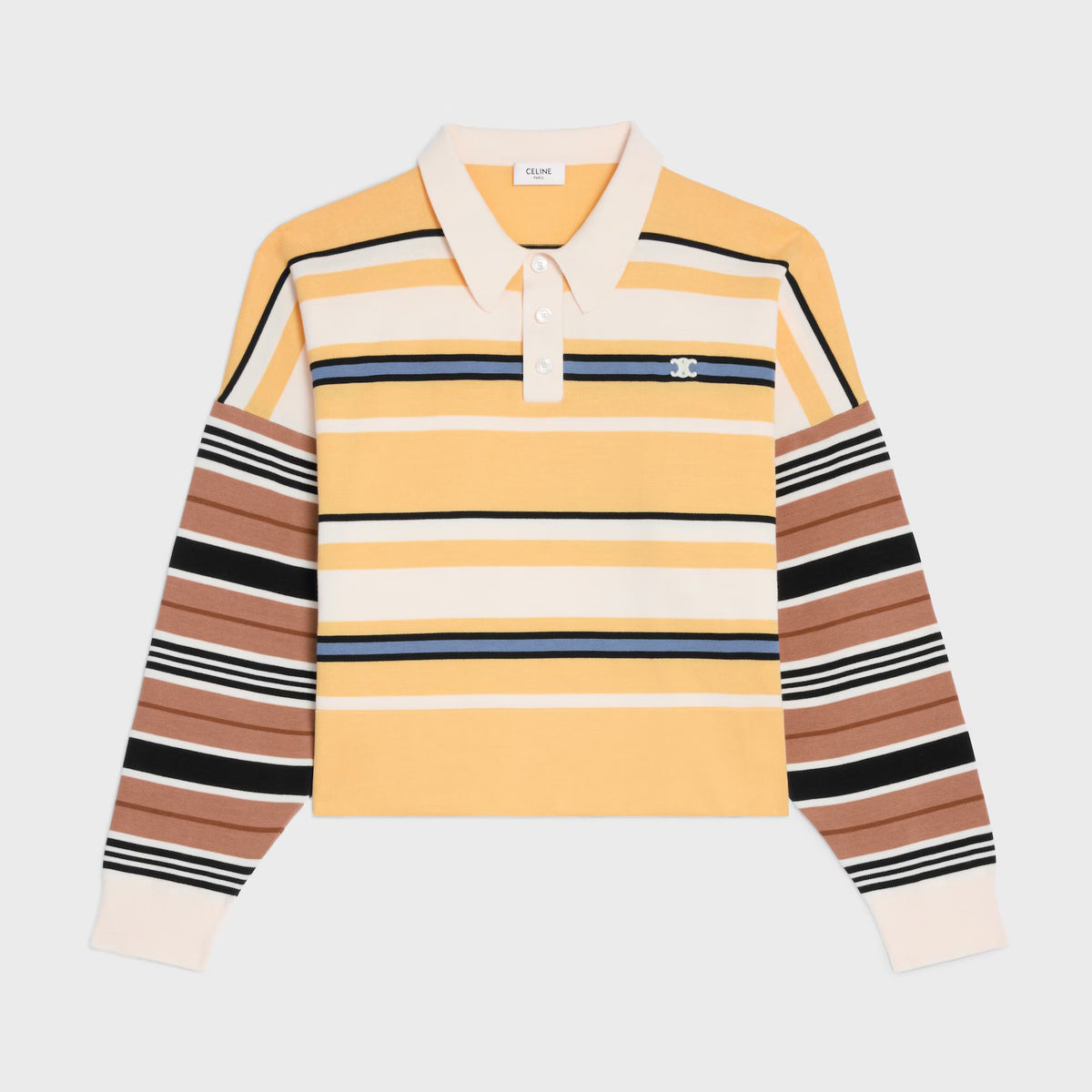 Celine Women's Spring/Summer Checkered Print Polo Neck Cotton Loose Fit Long Sleeve T-Shirt #77683