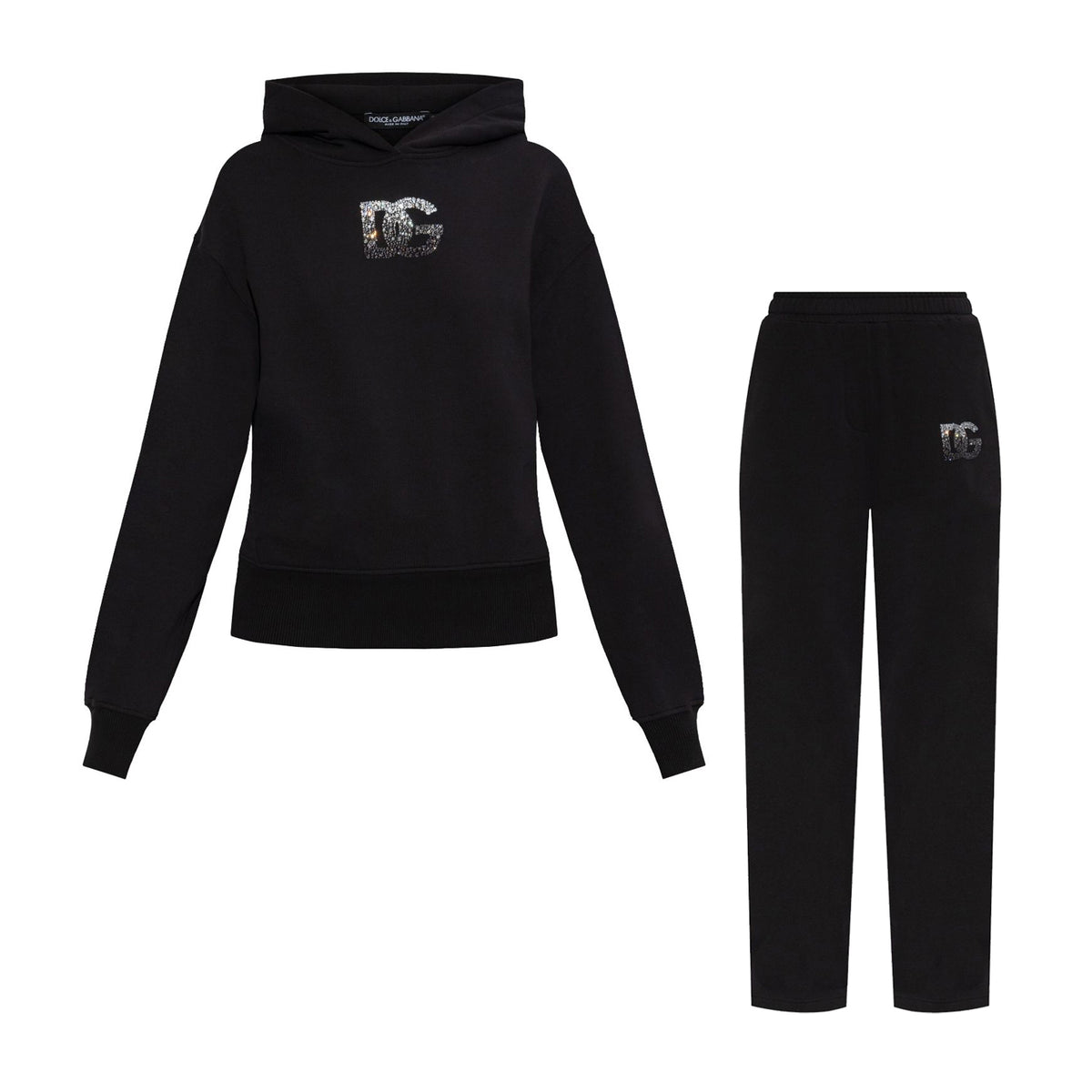 Dolce&Gabbana Women's Summer Drilling Logo Print Hooded Long Sleeve Sweatshirt Stretchy Drawstring Casual Pants Set Suit #75159
