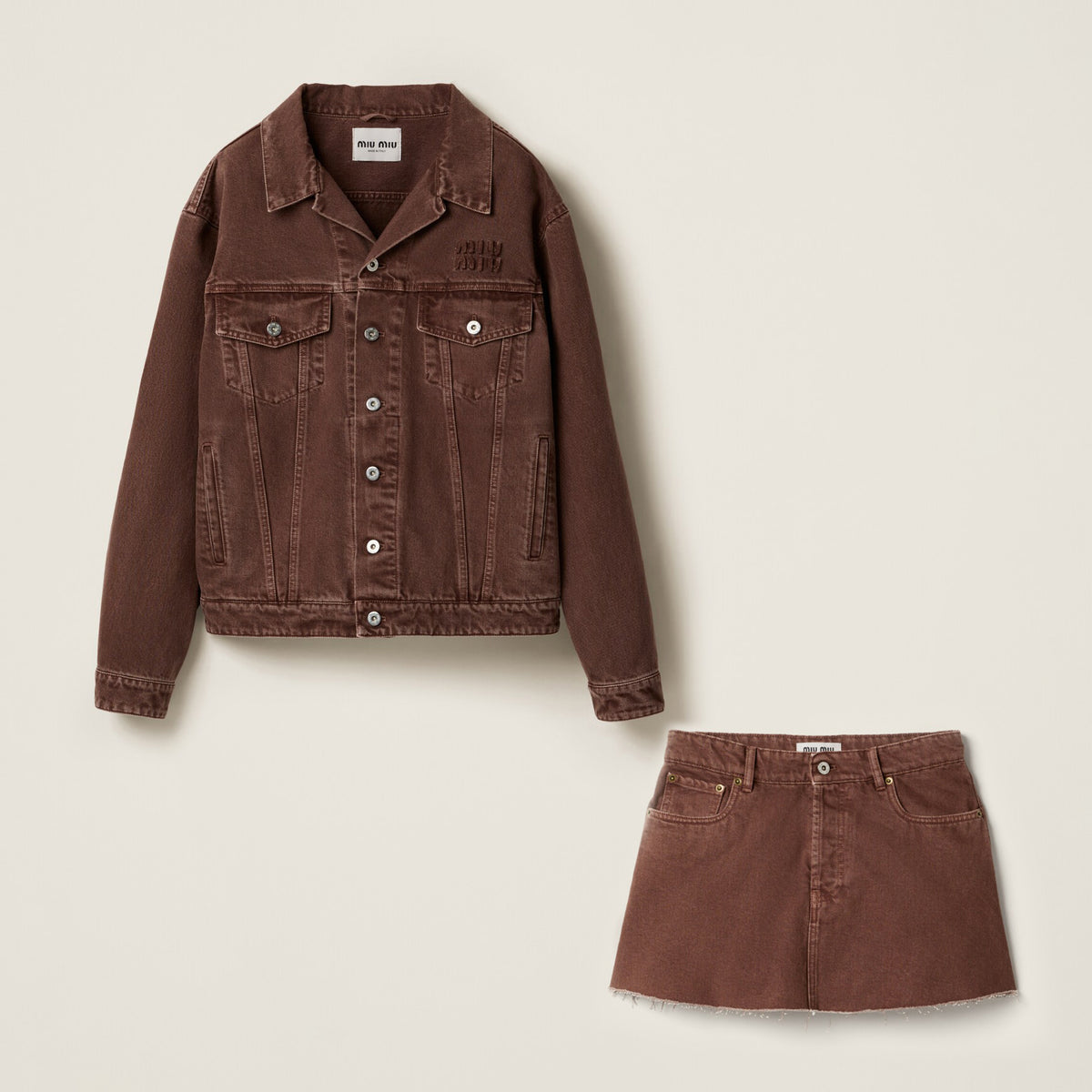MiuMiu Women's Spring And Fall Brown Single Breasted Long Sleeved Denim Jacket Short Skirt Suit Set #75718
