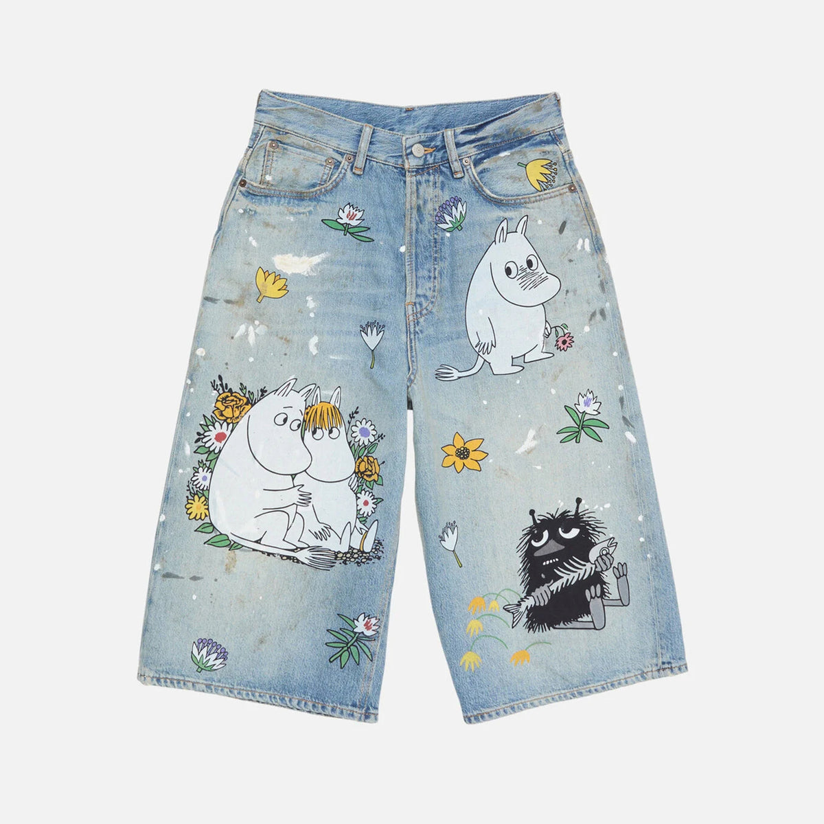 Acne Studios X Moomin Women's Straight-leg Casual Anime Print Wide-leg Cropped Shorts Fashionable Casual High-street Cropped Jeans  Ngvp #2175