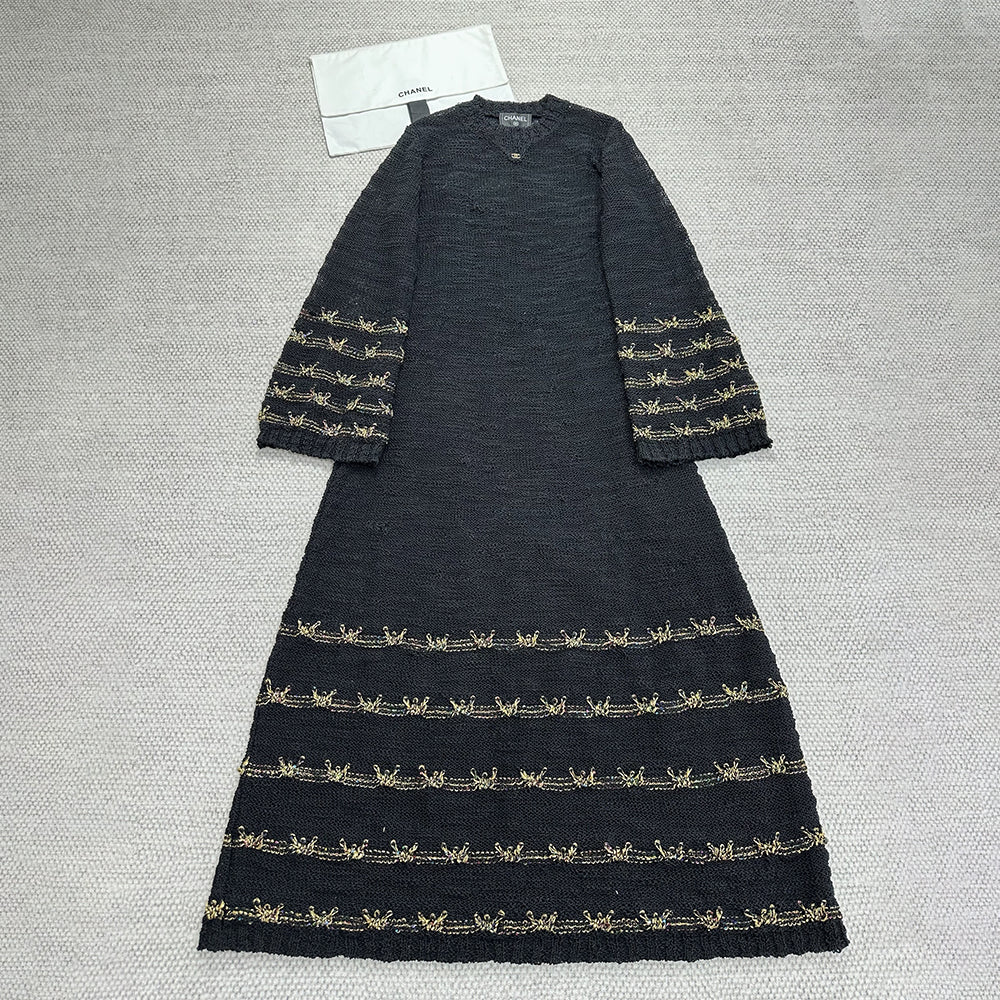 Chanel 25A Women's Long Dress Embroidered Virgin Wool Black and Gold #332236