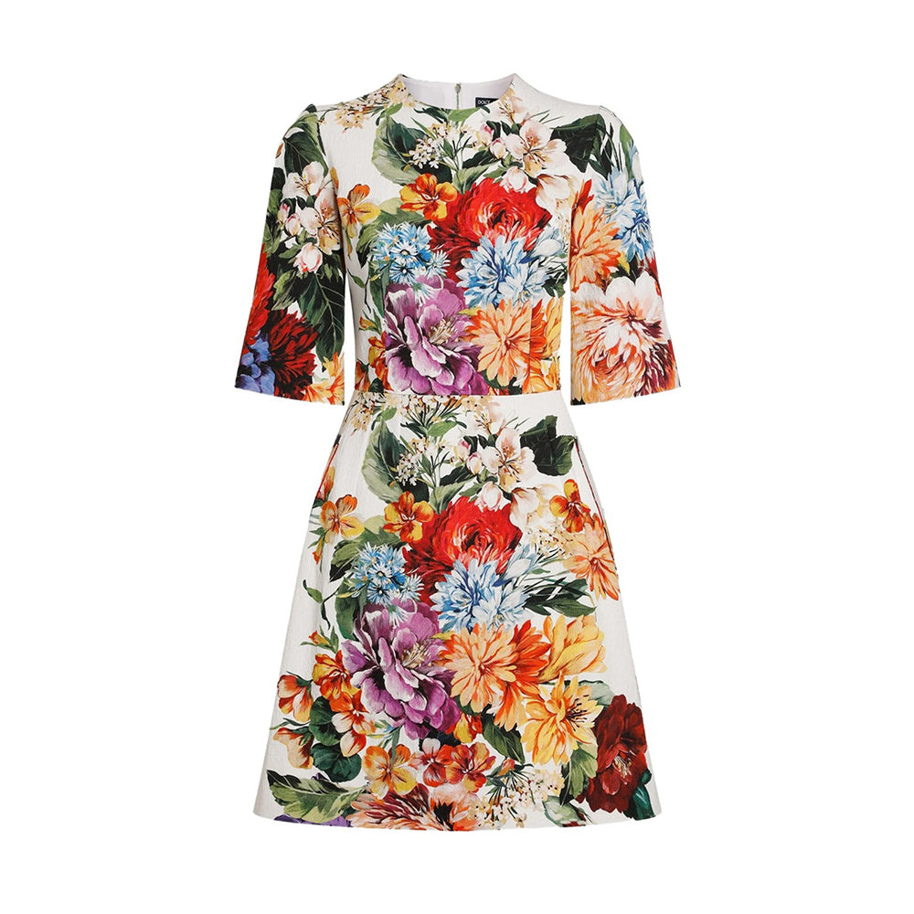 Dolce&Gabbana Women's Floral Print Summer Round Neck Solid Color Dress With Mid-Length Sleeves and A-Line Short Dresses Ngvp #2149
