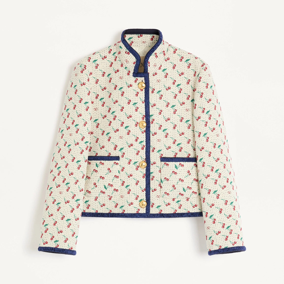 Valentino CHERRYFIC Women's Fall/Winter Fashion Casual Crew Neck Single Button Cherry Embroidery Jacquard Lined Short Jacket #79124