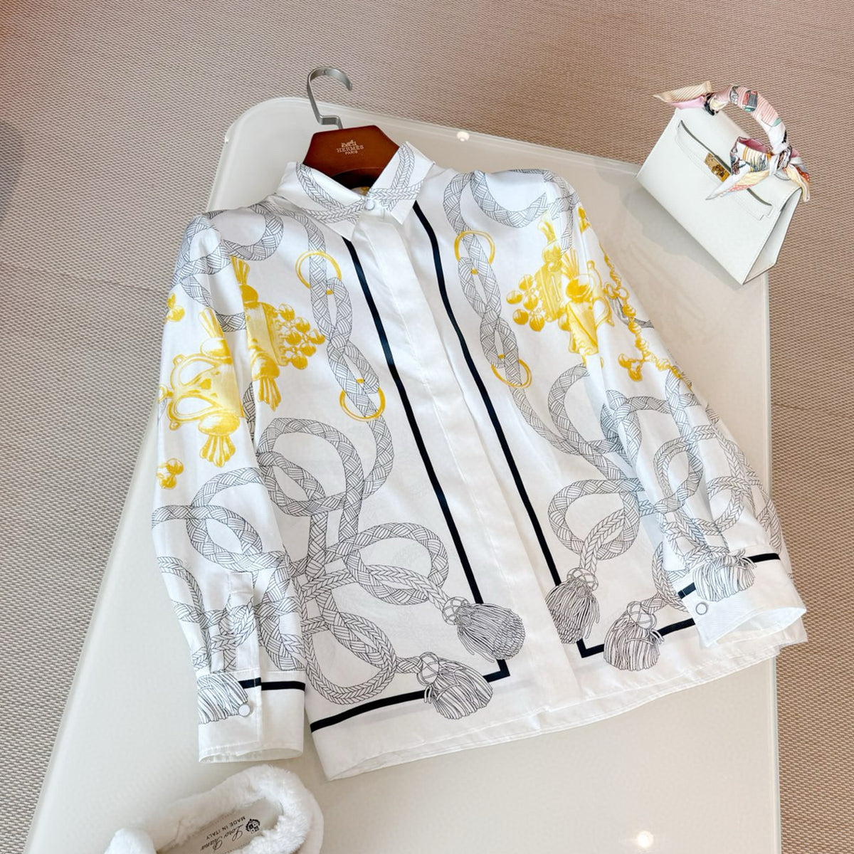 Hermes Women's Chain Printed Lapel Solid Color Silk Spring Summer Autumn Long Sleeve Fitted Shirt Ngvp #2119