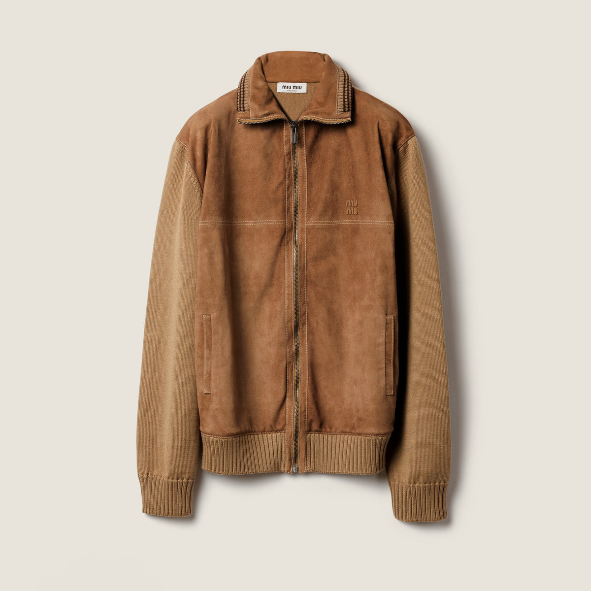 MiuMiu Men's And Women's Fall/winter Fashion Casual Color Block Collared Zipper Suede Badge Knit Jacket #79195