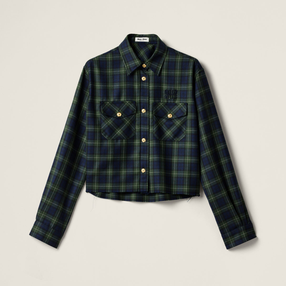 MiuMiu Women's Autumn/winter Fashion Casual Wool Fabric Plaid Collar Single Breasted Button Letter Patchwork Embroidered Checkered Short Shirt #78356