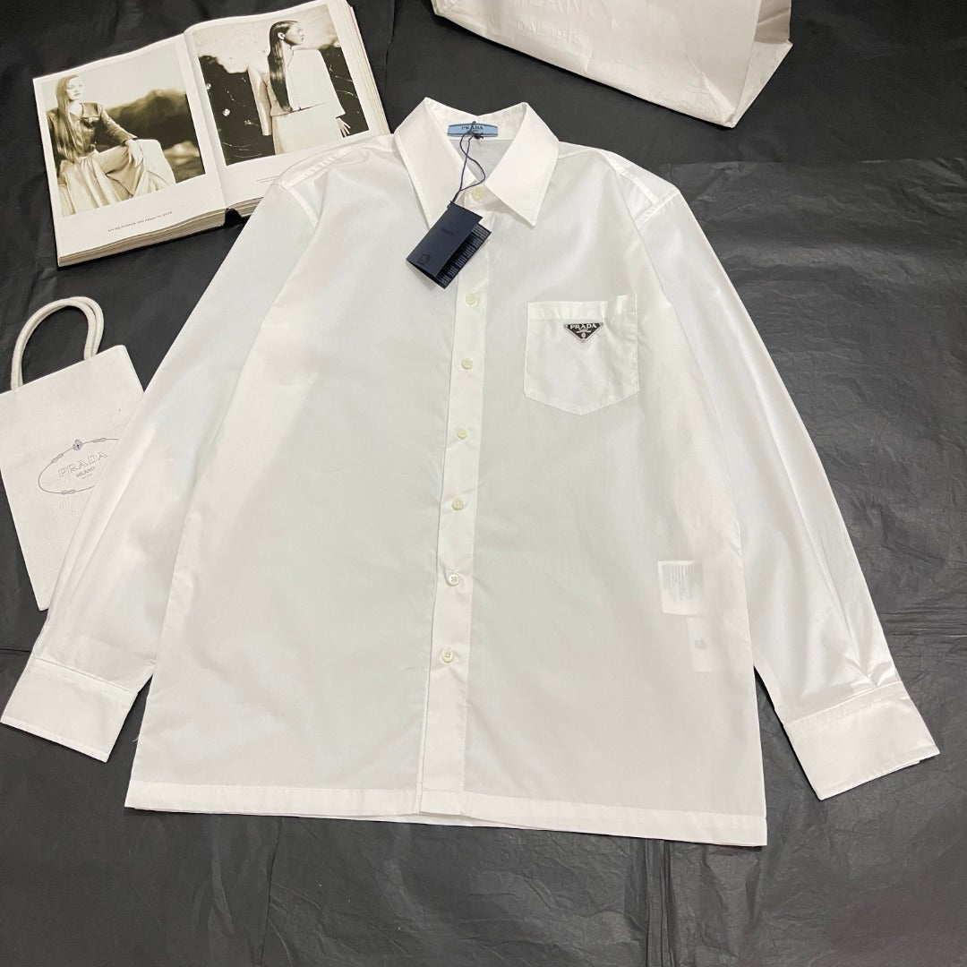 Prada Men's And Women's Spring/Fall Fashion Casual Solid Color Cotton Collared Single Button Long Sleeve Shirt #78891