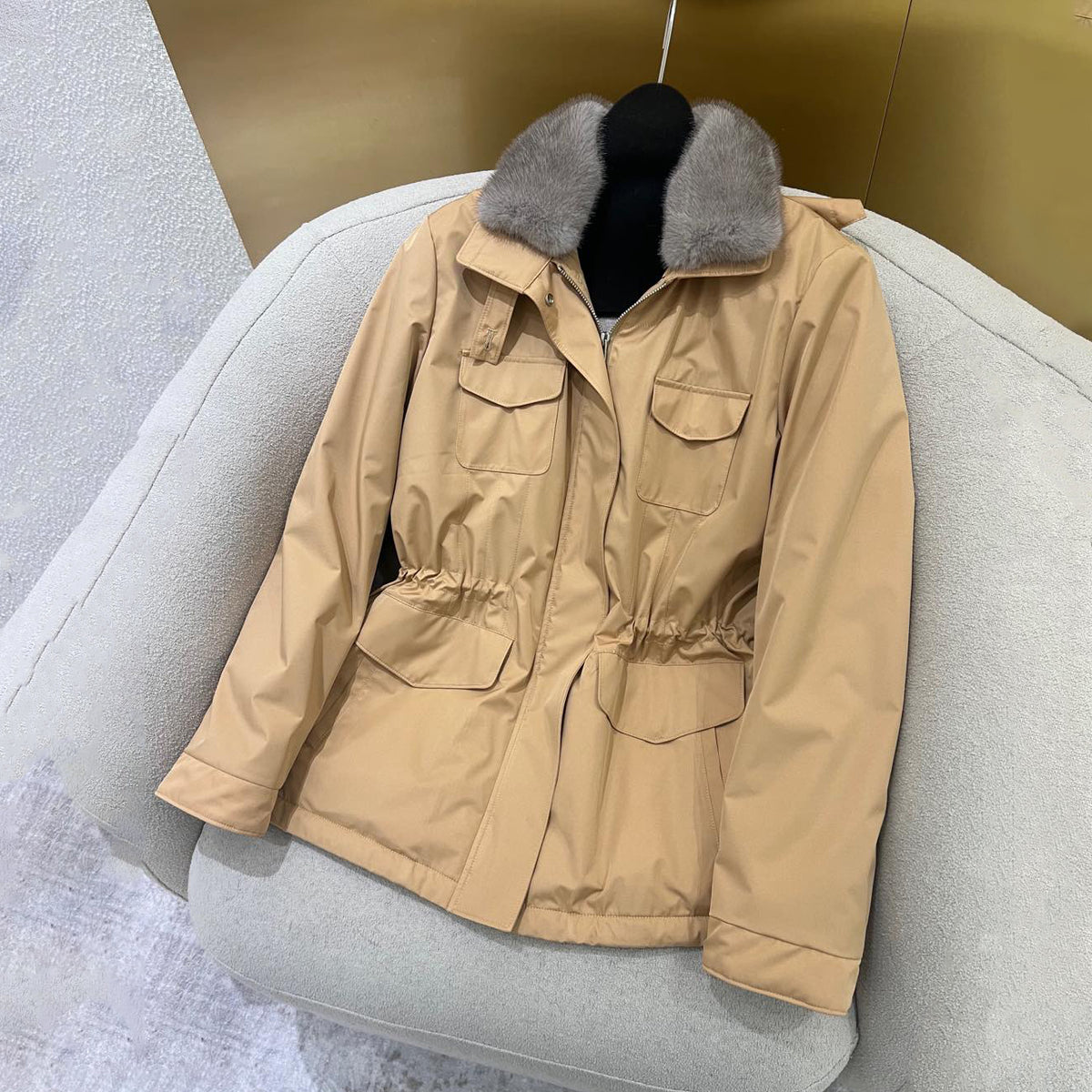 Loro Piana Women's Autumn and Winter Nylon Fiber Fabric Removable Hair Collar Hooded Zipper Long Sleeve Jacket #74899