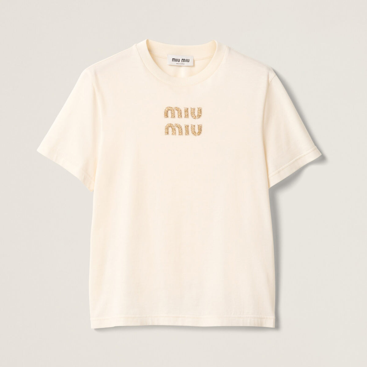 MiuMiu Women's Summer Solid Color Embroidery Beaded Letter Print Round Neck Short Sleeve T-Shirt #75117