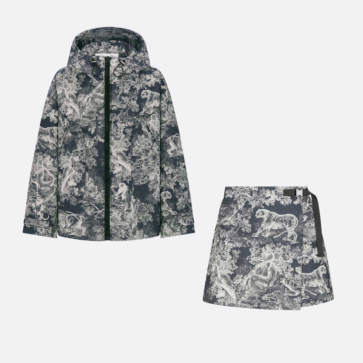 Dioriviera Women's Spring/autumn Fashion Classic Sauvage Printed Pattern Hooded Zipper Jacket High Waisted Short Casual Skirt Pants Shorts Suit Set #78378