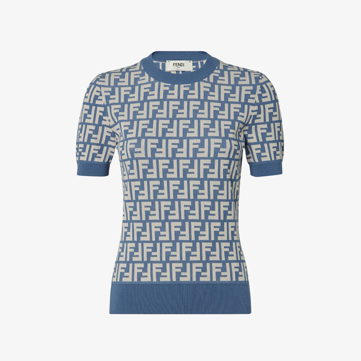 Fendi Women's Summer Blue and White FF Letter Print Round Neck Knit Short Sleeve T-Shirt #76317