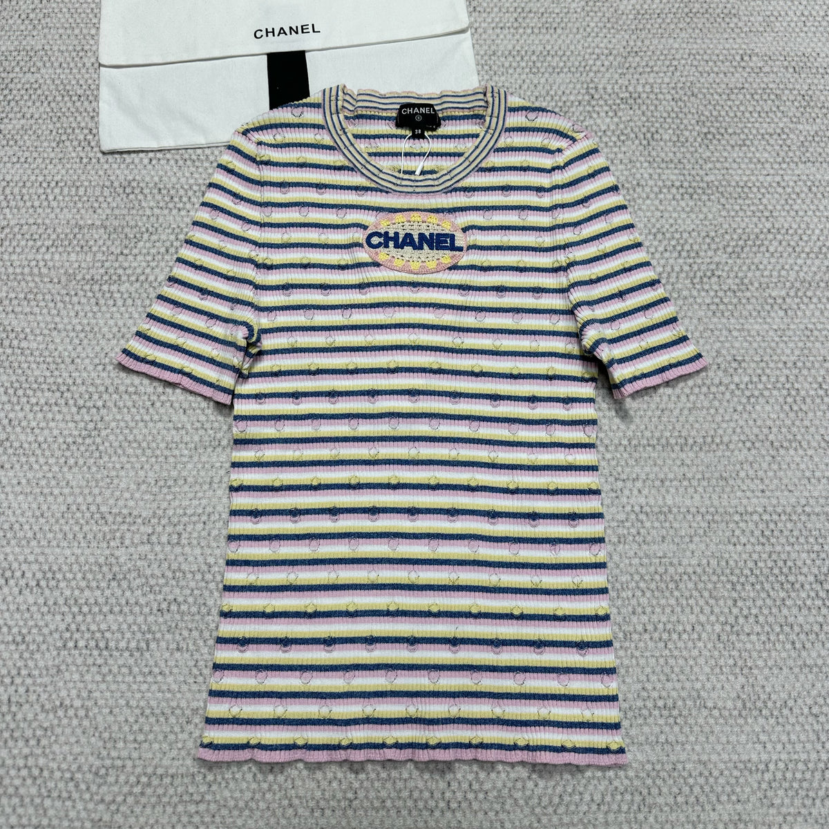 Chanel Women's Spring/Summer Letter Printed Striped Round Neck Short Sleeve Knit Sweater T-Shirt #75782