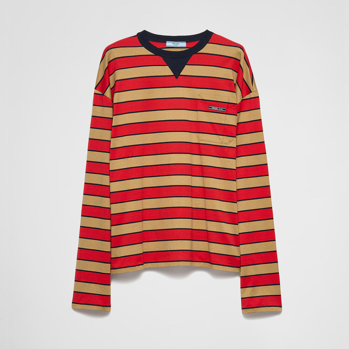 Prada Women's Spring Logo Embroidery Long Sleeve Striped Lisle Cotton Loose Solid Color T-Shirt #71942