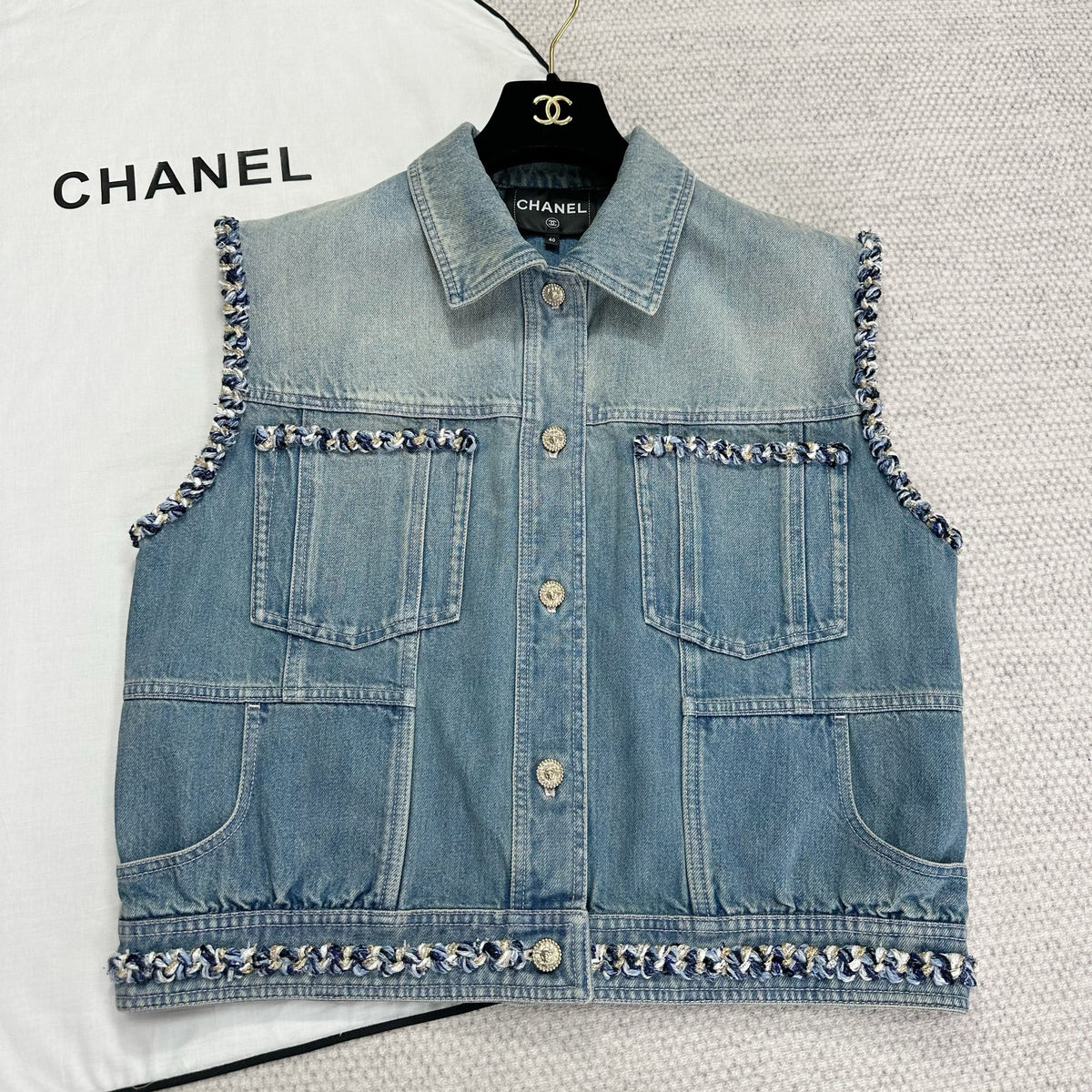Chanel Women's Summer Fashion Casual Denim Collared Single-Breasted Sleeveless Top Vest #78486
