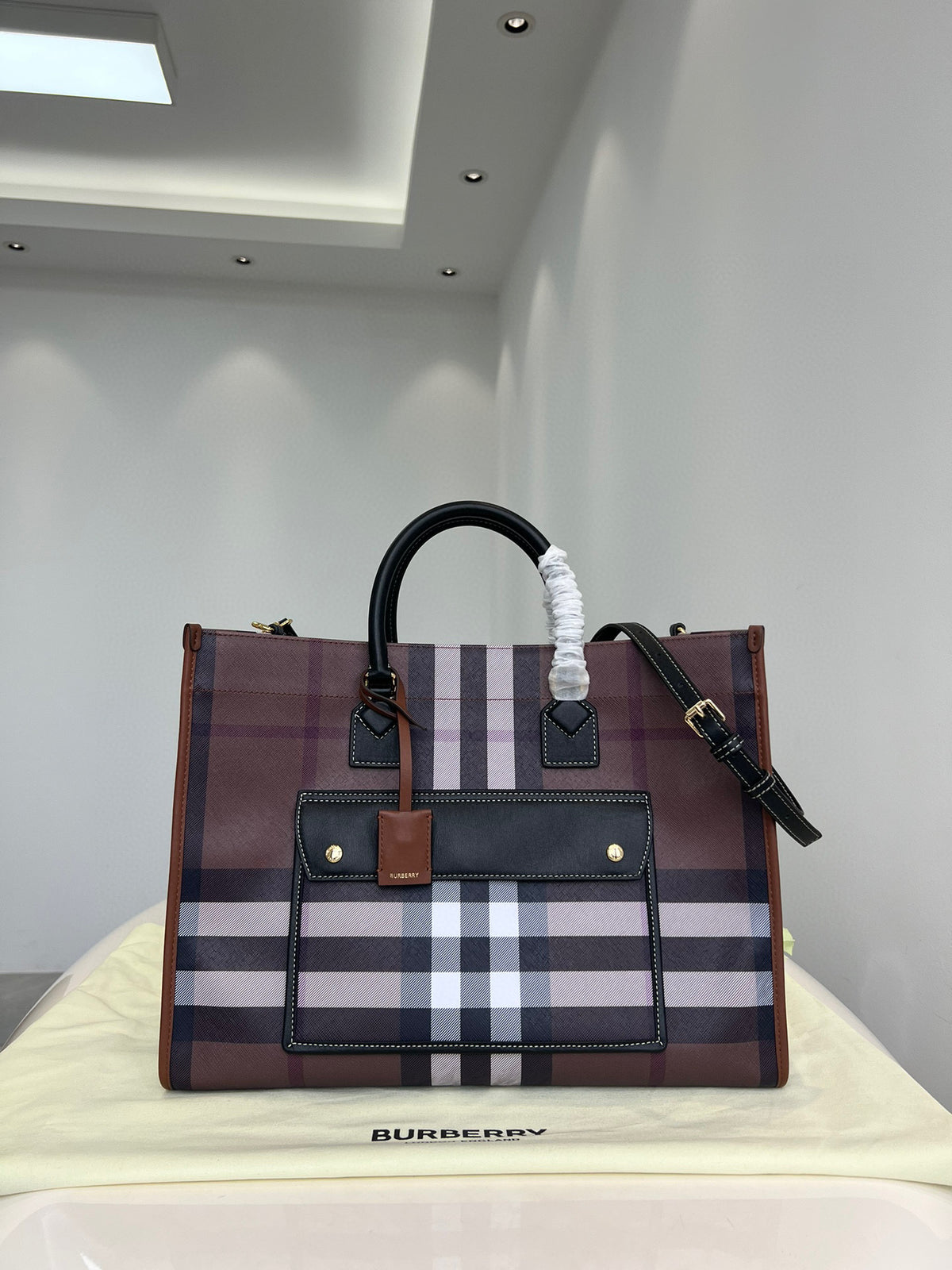Burberry Freya Checkered Leather Tote Bag #8564